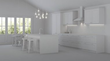 Özel bir evde mutfak iç. Gri iç. 3d render.