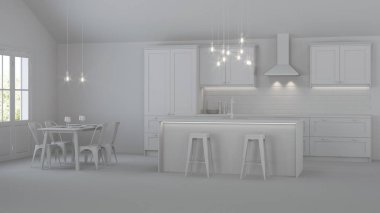 Özel bir evde mutfak iç. Gri iç. 3d render.
