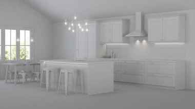 Özel bir evde mutfak iç. Gri iç. 3d render.