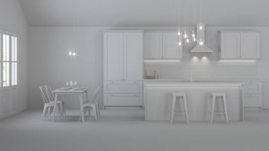 Özel bir evde mutfak iç. Gri iç. 3d render.