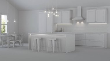 Özel bir evde mutfak iç. Gri iç. 3d render.