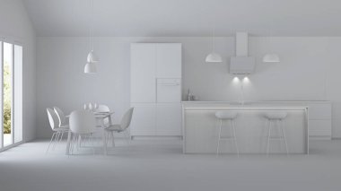 Özel bir evde mutfak iç. Gri iç. 3d render.