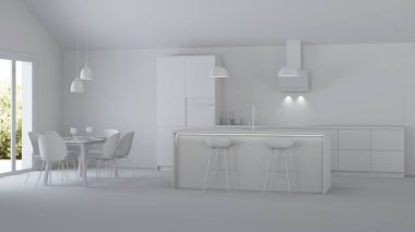 Özel bir evde mutfak iç. Gri iç. 3d render.