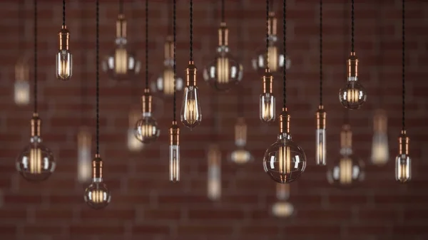 Decorative Vintage Light Bulbs Edison Style Brick Wall Background Rendering — Stock Photo, Image