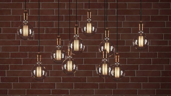 Decorative Vintage Light Bulbs Edison Style Brick Wall Background Rendering — Stock Photo, Image