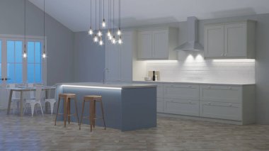 Özel bir evde mutfak iç. Mavi adalı beyaz mutfak. Gece. Akşam Aydınlatması. 3d render.