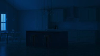 Özel bir evde mutfak iç. Mavi adalı beyaz mutfak. Gece. Akşam Aydınlatması. 3d render.