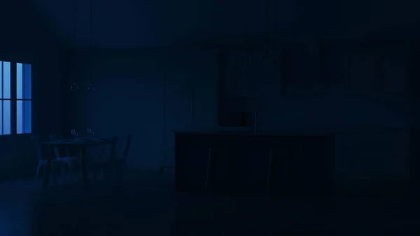 Інтер Кухні Приватному Будинку Біла Кухня Блакитним Островом Ніч Вечірнє — стокове фото