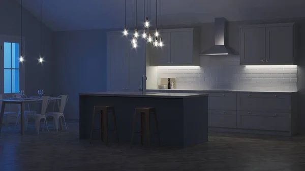 Interior Kitchen Private House White Kitchen Blue Island Night Evening — Stock Photo, Image