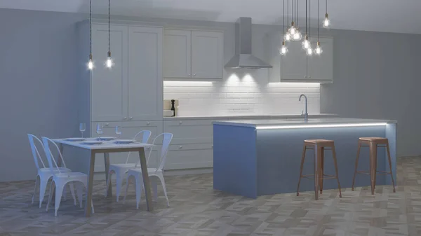 Innenraum Der Küche Einem Privathaus Weiße Küche Mit Blauer Insel — Stockfoto