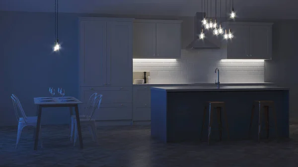 Interior Cozinha Uma Casa Particular Cozinha Branca Com Uma Ilha — Fotografia de Stock
