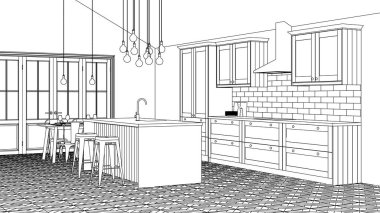 Özel bir evde mutfak iç. İç doğrusal kroki. 3d render.