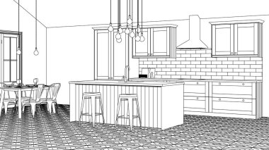 Özel bir evde mutfak iç. İç doğrusal kroki. 3d render.