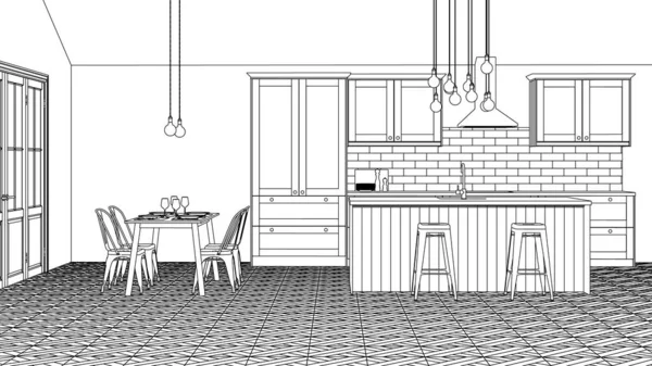 私人住宅厨房的内部 内部线性草图 — 图库矢量图片