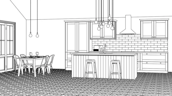 Εσωτερικό Της Κουζίνας Ένα Ιδιωτικό Σπίτι Γραμμικό Σκίτσο Του Εσωτερικού — Διανυσματικό Αρχείο