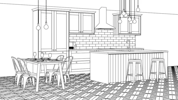 Innenraum Der Küche Einem Privathaus Lineare Skizze Des Innenraums Darstellung — Stockvektor