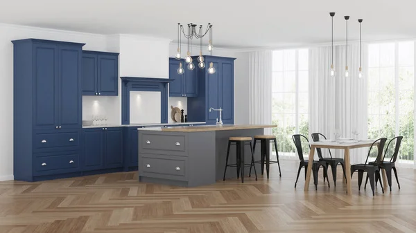 Intérieur Maison Moderne Cuisine Bleue Avec Une Île Grise Rendu — Photo