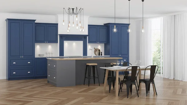 Moderne Hauseinrichtung Blaue Küche Mit Einer Grauen Insel Darstellung — Stockfoto