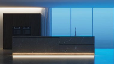 Modern mutfak iç mimarisi. Koyu ahşap mutfak ve doğal taştan yapılmış bir ada. İyi geceler. Akşam aydınlatması. 3d oluşturma.