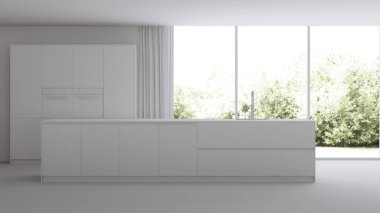 Modern mutfak iç mimarisi. İç kısmı gri. 3B görüntüleme.