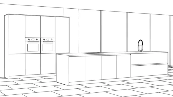 Moderne Kücheneinrichtung Lineare Skizze Des Innenraums — Stockvektor