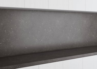 Ahşap beyaz cepheli, granit tezgahlı ve önlüklü bir mutfak parçası. Mutfak mesaj için yer ile kapanıyor. 3d oluşturma.