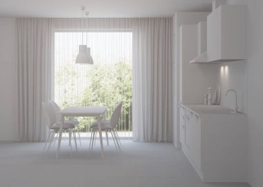 Modern bir şekilde mutfağın içinde. İç kısmı gri. 3B görüntüleme.