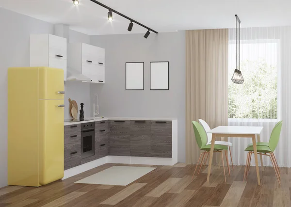 Scandinavian-style corner kitchen with yellow fridge. 3D rendering.