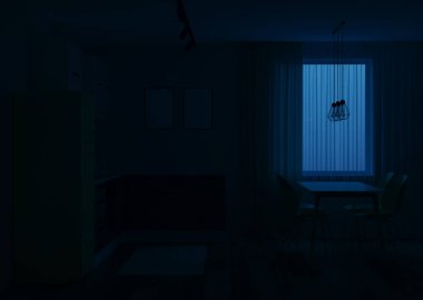 Sarı buzdolabı olan İskandinav tarzı bir mutfak. İyi geceler. Akşam aydınlatması. 3B görüntüleme.