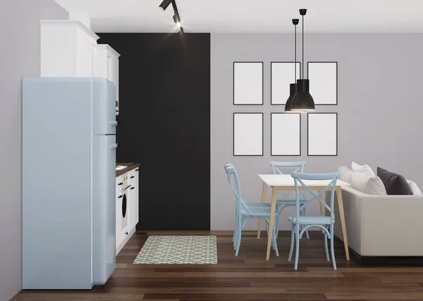 White Classic Kitchen Interior Blue Fridge Black Chalk Wall Rendering — Stock Photo, Image