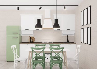 İçi beyaz klasik mutfak, yeşil buzdolabı ve parlak tuğla duvarlarla dolu. 3B görüntüleme.