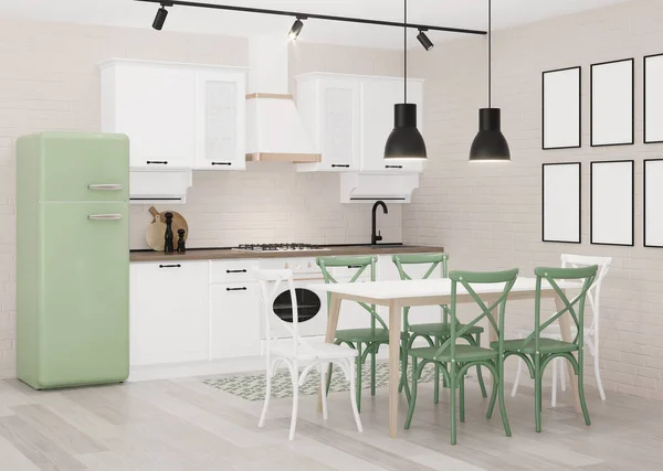 Інтер Білою Класичною Кухнею Зеленим Холодильником Світлими Цегляними Стінами Візуалізація — стокове фото