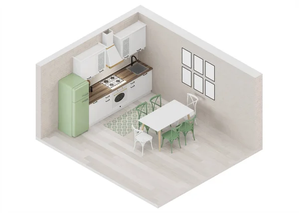 Interior Com Cozinha Clássica Branca Com Geladeira Verde Paredes Tijolo — Fotografia de Stock