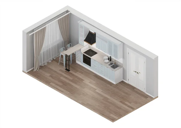 Interior Cozinha Uma Casa Particular Cozinha Azul Estilo Clássico Layout — Fotografia de Stock