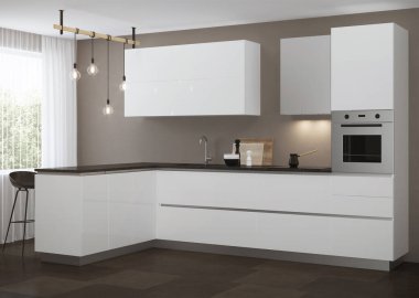 Beyaz, modern bir mutfağı ve kahvaltı barı var. 3B görüntüleme.