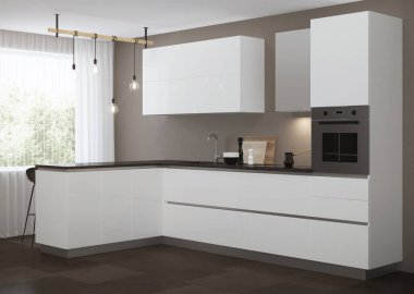 Beyaz, modern bir mutfağı ve kahvaltı barı var. 3B görüntüleme.