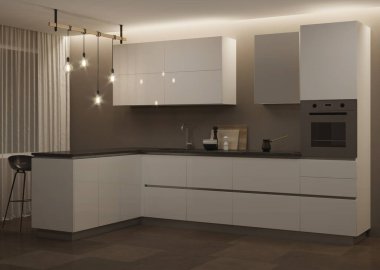 Beyaz, modern bir mutfağı ve kahvaltı barı var. İyi geceler. Akşam aydınlatması. 3B görüntüleme.