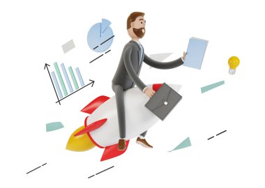 Roketle uçan bir iş adamı. Girişim konsepti, hedef başarısı. 3B görüntüleme.