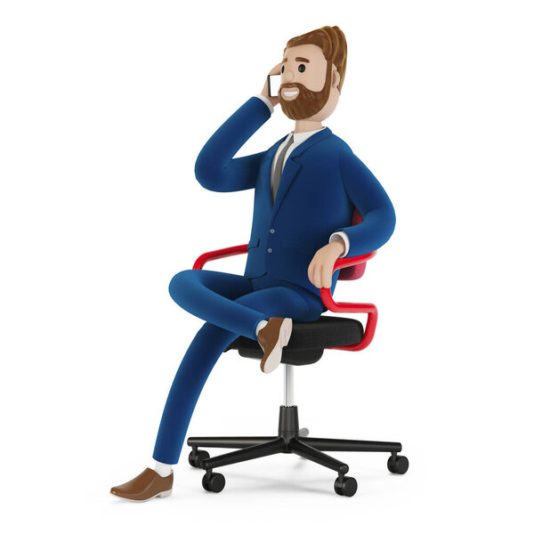 Beautiful cartoon character sitting on an office chair. Bearded businessman in a suit talking on the phone. 3d illustration.