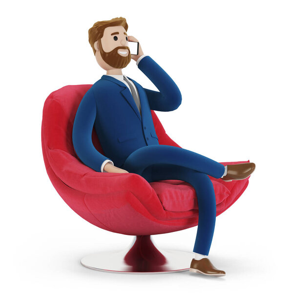 A beautiful cartoon character sitting in a comfortable red chair. Bearded businessman in a suit talking on the phone. 3d illustration.