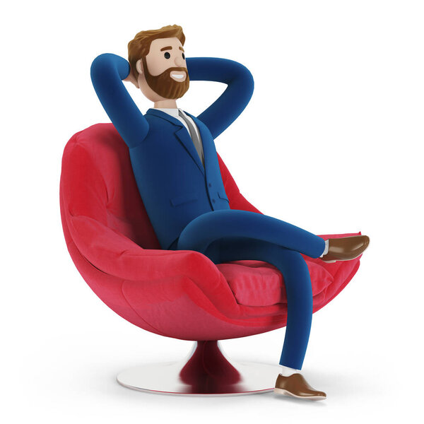 A beautiful cartoon character sitting in a comfortable red chair. A bearded businessman in a suit is resting in a comfortable pose. 3d illustration.