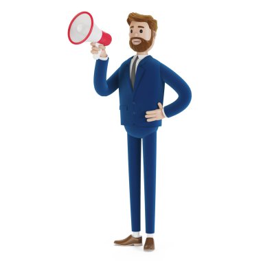 Hoparlörden bağıran çizgi film karakteri. 3d illüstrasyon.