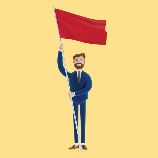 Cartoon character with flag in hands. 3d illustration.