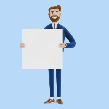 Elinde poster olan çizgi film karakteri. 3B illüstrasyon