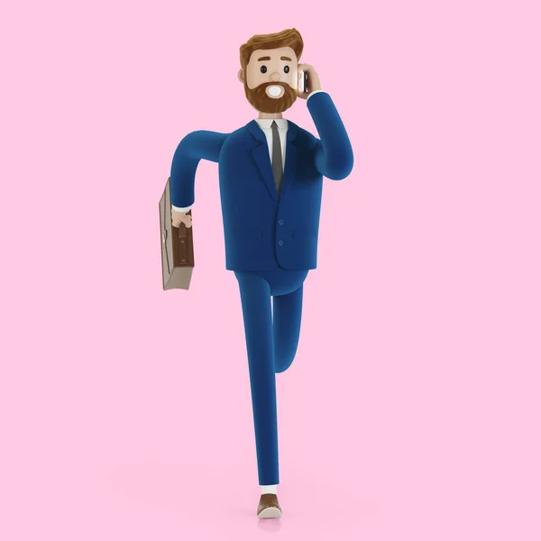 Cartoon character businessman runs to a meeting. 3D illustration