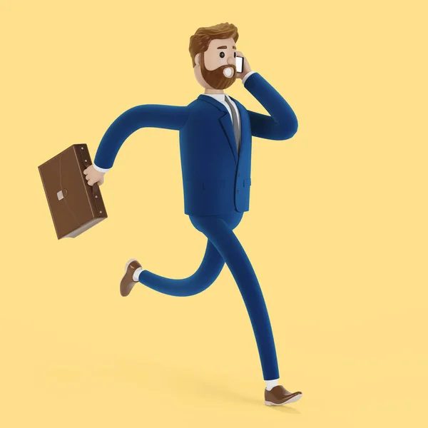 Cartoon character businessman runs to a meeting. 3D illustration