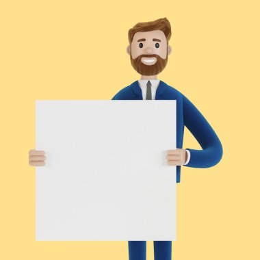 Elinde poster olan çizgi film karakteri. 3B illüstrasyon