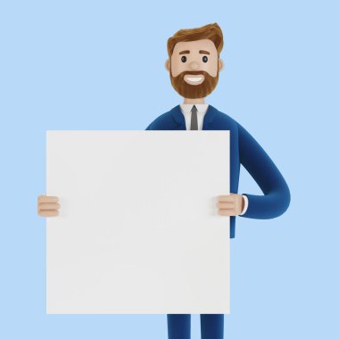 Elinde poster olan çizgi film karakteri. 3B illüstrasyon