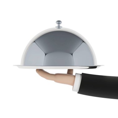 Çizgi film garsonunun eli tepside. 3d illüstrasyon.