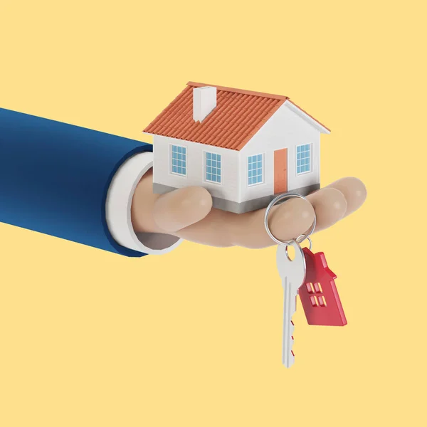 Agentenhände Mit Einem Haus Der Handfläche Und Einem Schlüssel Finger — Stockfoto